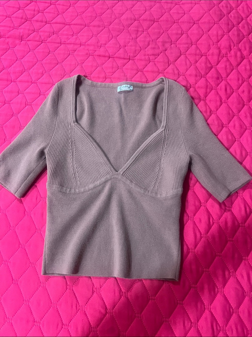 Free People Taupe Ribbed V-Neck Cropped Top